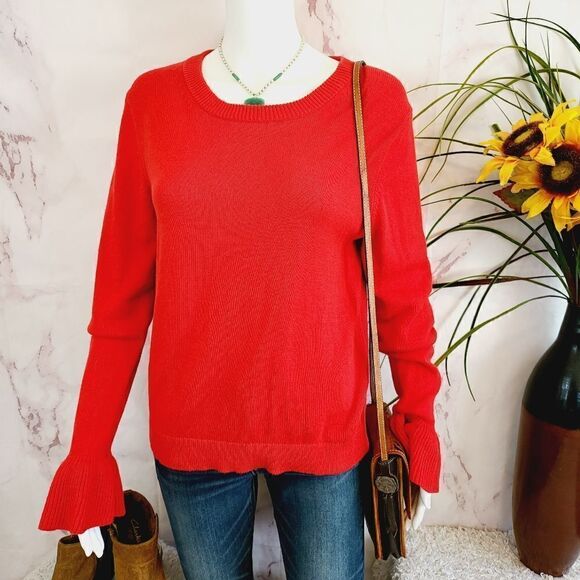 J. Crew red soft knit cotton sweater with fluted sleeves - Picture 3 of 8